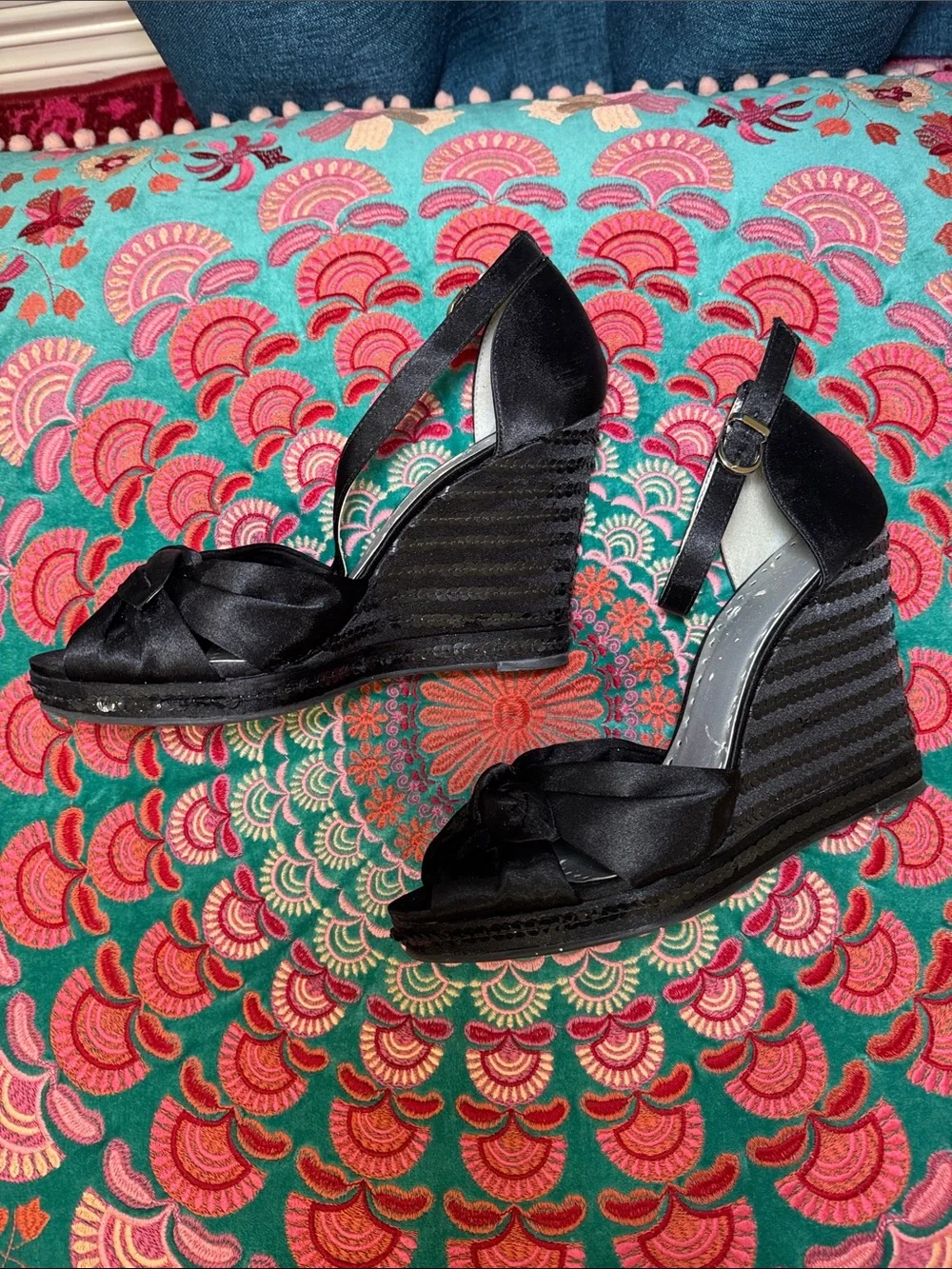 BCBGirls Black Satin and Sequins Wedge Peep-Toe Sandals with Bow